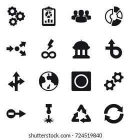 16 vector icon set : gear, report, group, circle diagram, core splitting, infinity power, goverment house, earth, ring button, reload