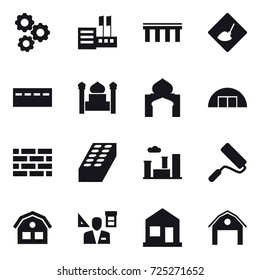 16 vector icon set : gear, store, bridge, under construction, bunker, minaret, hangare, brick wall, brick, city, repair, house, architector, home, barn
