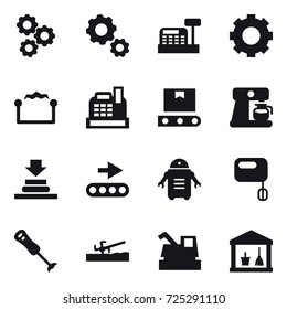 16 vector icon set : gear, cashbox, electrostatic, coffee maker, soil cutter, harvester, utility room