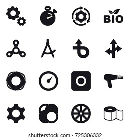 16 vector icon set : gear, stopwatch, around gear, bio, spinner, draw compass, lifebuoy, barometer, ring button, hair dryer, wheel, toilet paper