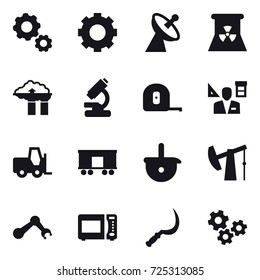 16 vector icon set : gear, satellite antenna, nuclear power, factory filter, measuring tape, architector, sickle, gears