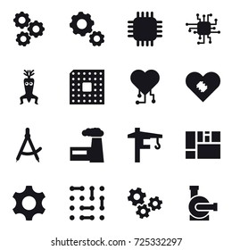 16 vector icon set : gear, chip, dna modify, cpu, cardio chip, draw compass, factory, tower crane, gears, water pump