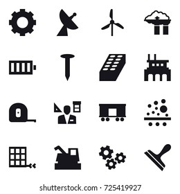 16 vector icon set : gear, satellite antenna, windmill, factory filter, battery, nail, brick, factory, measuring tape, architector, harvester, gears, scraper