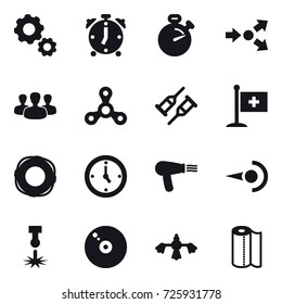 16 vector icon set : gear, alarm clock, stopwatch, core splitting, group, spinner, lifebuoy, watch, hair dryer, hard reach place cleaning, paper towel