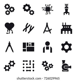 16 vector icon set : gear, chip, dna modify, cardio chip, draw compass, factory, drawing compass, gears, water pump