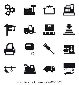 16 vector icon set : gear, cashbox, electrostatic, tower crane, plow, harvester, trash truck, hand dryer