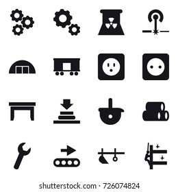 16 vector icon set : gear, nuclear power, laser, hangare, power socket, table, plow, skyscrapers cleaning