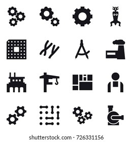16 vector icon set : gear, dna modify, cpu, draw compass, factory, tower crane, gears, water pump