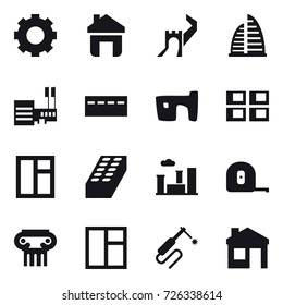 16 vector icon set : gear, home, greate wall, skyscraper, mall, bunker, slum, panel house, window, brick, city, measuring tape, antique column, house