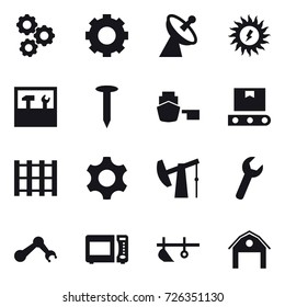 16 vector icon set : gear, satellite antenna, sun power, tools, nail, plow, barn