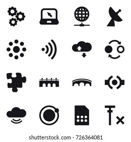 16 vector icon set : gear, notebook, globe connect, satellite antenna, round around, wireless, cloude service, quantum bond, puzzle, bridge