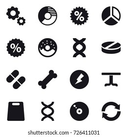 16 vector icon set : gear, circle diagram, percent, diagram, donut, electricity, table, cutting board, reload