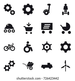 16 vector icon set : gear, segway, hoverboard, lunar rover, add to cart, delivery, baby stroller, bike, invalid, handwheel, wheelbarrow, pickup, windmill