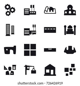 16 vector icon set : gear, store, project, mansion, skyscrapers, mall, bunker, minaret, slum, window, level, building helmet, architector, home