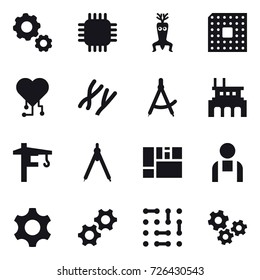 16 vector icon set : gear, chip, dna modify, cpu, cardio chip, draw compass, factory, tower crane, drawing compass, gears