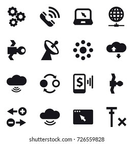 16 vector icon set : gear, call, notebook, globe connect, satellite, satellite antenna, round around, cloude service, cloud wireless, quantum bond, mobile pay