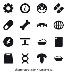 16 vector icon set : gear, info, donut, bridge, globe, electricity, table, washing, cutting board, foam basin