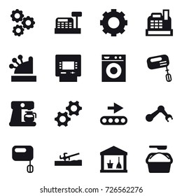 16 vector icon set : gear, cashbox, atm, washing machine, mixer, coffee maker, soil cutter, utility room, washing powder