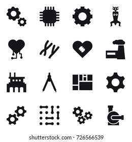 16 vector icon set : gear, chip, dna modify, cardio chip, factory, drawing compass, gears, water pump
