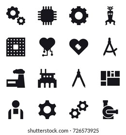 16 vector icon set : gear, chip, dna modify, cpu, cardio chip, draw compass, factory, drawing compass, water pump