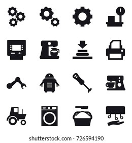 16 vector icon set : gear, atm, coffee maker, tractor, washing machine, washing powder, hand dryer