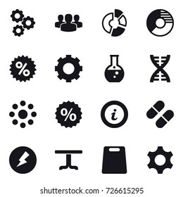 16 vector icon set : gear, group, circle diagram, percent, round flask, dna, round around, info, electricity, table, cutting board