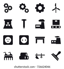 16 vector icon set : gear, windmill, nuclear power, nail, factory, power socket, table, plow, scraper