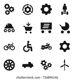 16 vector icon set : gear, around gear, hoverboard, lunar rover, add to cart, delivery, baby stroller, bike, motorcycle, wheel, pickup, gears, windmill