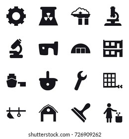 16 vector icon set : gear, nuclear power, factory filter, microscope, slum, hangare, modular house, plow, barn, scraper, garbage bin