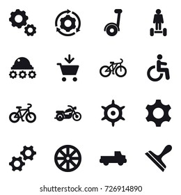 16 vector icon set : gear, around gear, hoverboard, lunar rover, add to cart, bike, motorcycle, handwheel, wheel, pickup, scraper