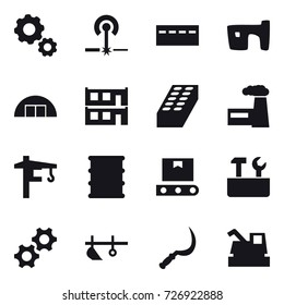 16 vector icon set : gear, laser, bunker, slum, hangare, modular house, brick, factory, tower crane, repair tools, plow, sickle, harvester