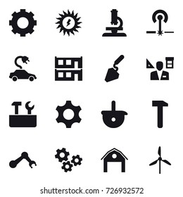 16 vector icon set : gear, sun power, microscope, laser, electric car, modular house, construction, architector, repair tools, gears, barn, windmill