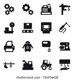 16 vector icon set : gear, cashbox, tower crane, atm, plow, harvester, tractor, hand dryer
