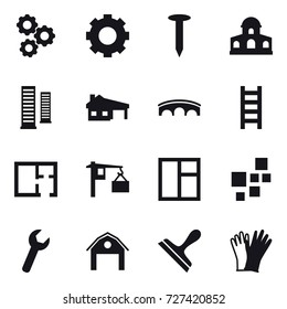 16 vector icon set : gear, nail, mansion, skyscrapers, house with garage, bridge, stairs, plan, window, barn, scraper, gloves