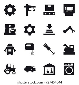 16 vector icon set : gear, tower crane, atm, coffee maker, harvester, tractor, trash truck, utility room, washing machine