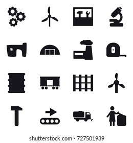 16 vector icon set : gear, windmill, tools, slum, hangare, factory, measuring tape, sweeper, garbage bin