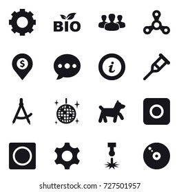 16 vector icon set : gear, bio, group, spinner, dollar pin, ballon, info, draw compass, disco ball, dog, ring button