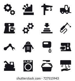 16 vector icon set : gear, cashbox, tower crane, coffee maker, harvester, washing machine, washing powder, hand dryer