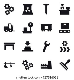 16 vector icon set : gear, nuclear power, nail, table, plow, gears, factory, scraper
