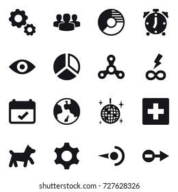 16 Vector Icon Set : Gear, Group, Circle Diagram, Alarm Clock, Eye, Diagram, Spinner, Infinity Power, Earth, Disco Ball, First Aid, Dog