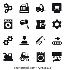 16 vector icon set : gear, cashbox, atm, washing machine, mixer, coffee maker, harvester, tractor, hand dryer