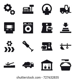 16 vector icon set : gear, cashbox, atm, washing machine, coffee maker, plow, soil cutter, trash truck, utility room, washing powder