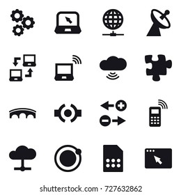 16 vector icon set : gear, notebook, globe connect, satellite antenna, notebook connect, notebook wireless, cloud wireless, puzzle, bridge