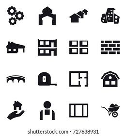 16 vector icon set : gear, minaret, houses, modern architecture, house with garage, modular house, panel house, brick wall, bridge, measuring tape, plan, house, real estate, window, wheelbarrow