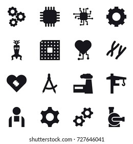 16 vector icon set : gear, chip, dna modify, cpu, cardio chip, draw compass, factory, tower crane, water pump