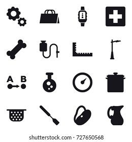 16 vector icon set : gear, shopping bag, smartwatch, ruler, outdoor light, barometer, pan, colander, spatula, jug