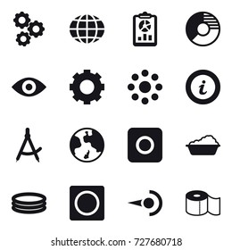 16 vector icon set : gear, globe, report, circle diagram, eye, round around, info, draw compass, earth, ring button, washing, inflatable pool, toilet paper