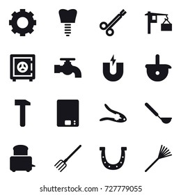 16 vector icon set : gear, safe, water tap, kitchen scales, walnut crack, ladle, fork, horseshoe, rake