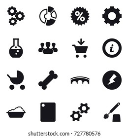 16 vector icon set : gear, circle diagram, percent, round flask, group, add to cart, info, baby stroller, bridge, electricity, washing, cutting board, toilet brush