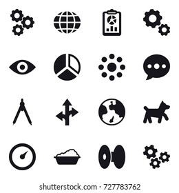 16 Vector Icon Set : Gear, Globe, Report, Eye, Diagram, Round Around, Ballon, Drawing Compass, Earth, Dog, Barometer, Washing, Gears